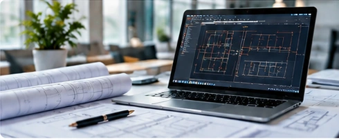 Bureau d’études avec plans techniques